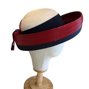 Vintage Dachettes’ I. Magnin Hat White, Blue & Red Straw Fascinator Old Money